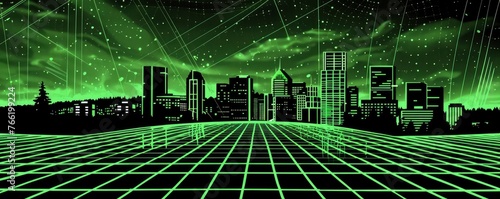 Retrofuturistic 40s Pulp Sci-Fi Cover. Green, Black & White Colors, Y2K Aesthetic, Minimalistic, Futuristic Skyline