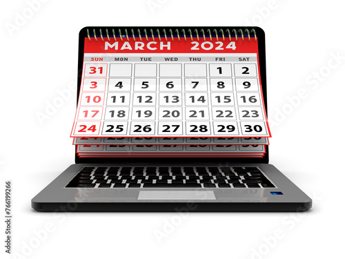 2024 year calendar. March calendar over laptop screen on a white background. March 2024 Spiral Calendar can be used for Stationary, flyer, banner background. 3d render
