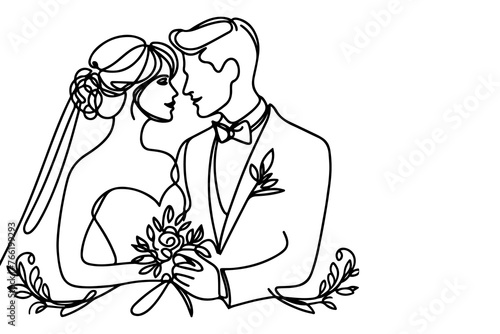 One continuous single drawing black line art doodle wedding couple bride and groom outlne vector illustration on white background