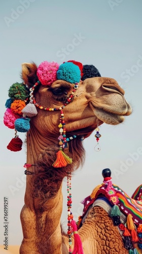 A camel decorated with colorful tassels and beads under a clear sky background.