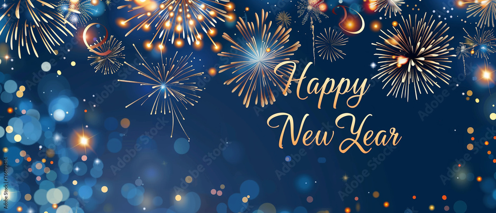 A festive Happy New Year card featuring colorful fireworks in the background, symbolizing joy and celebration A festive Happy New Year card featuring colorful fireworks in the background, symbolizing joy and celebration
