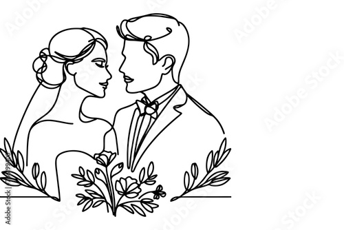 One continuous single drawing black line art doodle wedding couple bride and groom outlne vector illustration on white background