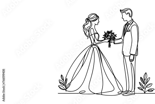 One continuous single drawing black line art doodle wedding couple bride and groom outlne vector illustration on white background