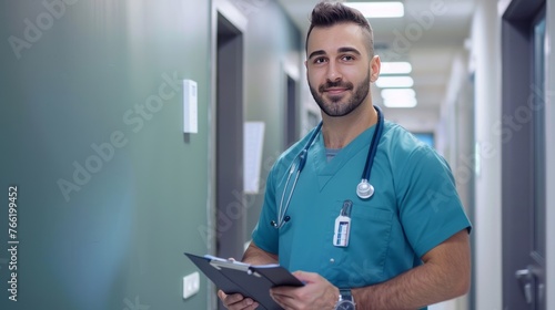 A man in a blue scrubs is holding a clipboard and smiling © esp2k