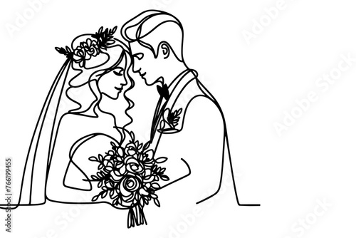 One continuous single drawing black line art doodle wedding couple bride and groom outlne vector illustration on white background