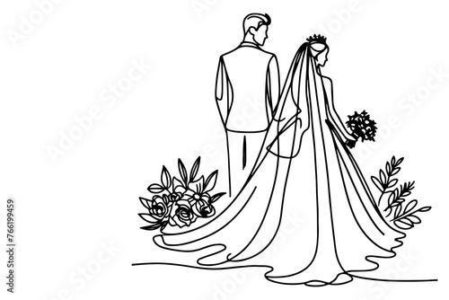 One continuous single drawing black line art doodle wedding couple bride and groom outlne vector illustration on white background