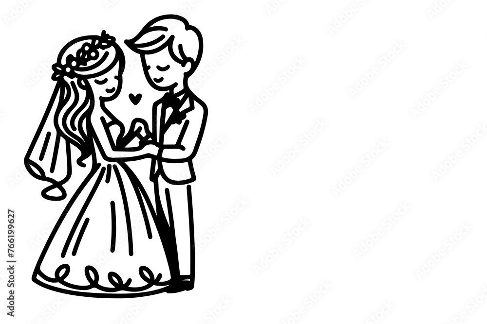 One continuous single drawing black line art doodle wedding couple bride and groom outlne vector illustration on white background One continuous single drawing black line art doodle wedding couple bride and groom outlne vector illustration on white background