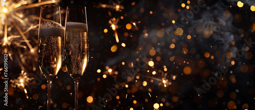 Two elegant glasses of champagne stand ready for a celebratory toast, with a sparkler glowing in the background against a festive Happy New Year backdrop