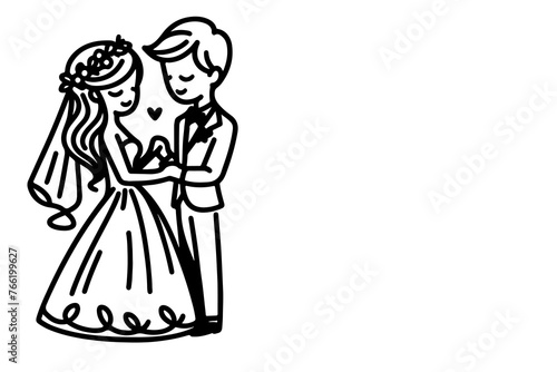 One continuous single drawing black line art doodle wedding couple bride and groom outlne vector illustration on white background