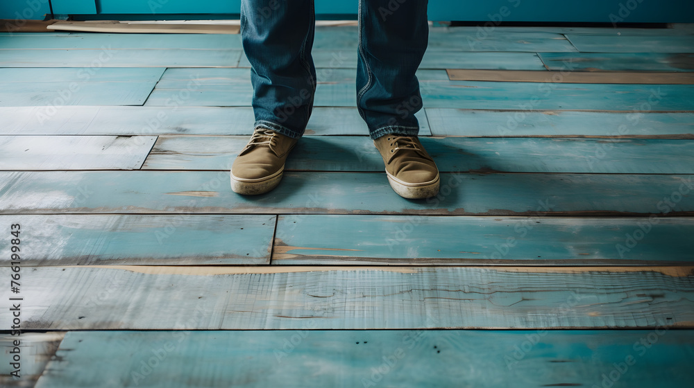 person standing on blue wooden floor with the text?heel pain person standing on blue wooden floor with the text?heel pain