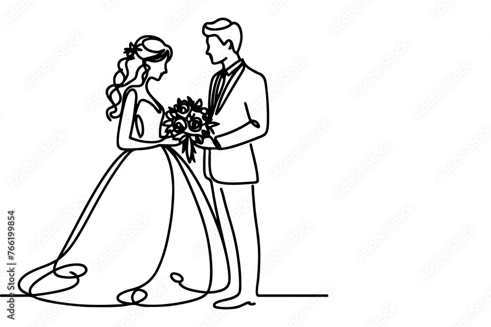 One continuous single drawing black line art doodle wedding couple bride and groom outlne vector illustration on white background One continuous single drawing black line art doodle wedding couple bride and groom outlne vector illustration on white background