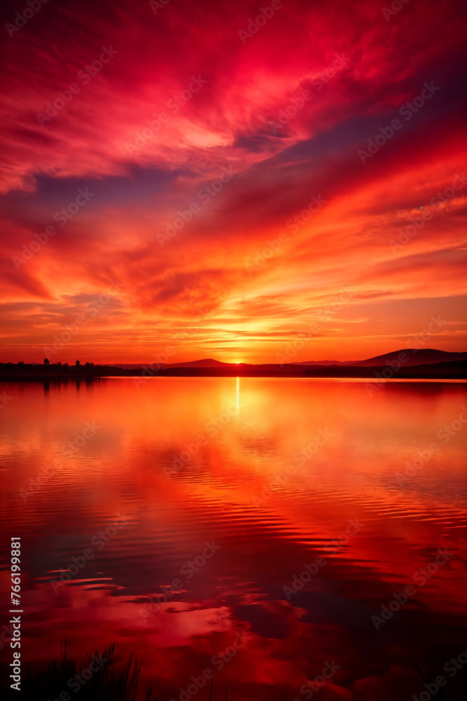 Fiery sunset reflected in  calm lake waters. Perfect for travel brochures, inspirational wall arts, backgrounds, or projects about meditation.