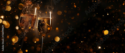 Two glasses of champagne filled to the brim, bubbling with effervescence, casting a luxurious sparkle against a sleek black background