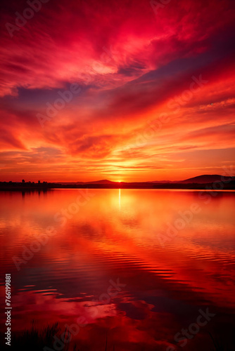 Fiery sunset reflected in calm lake waters. Perfect for travel brochures, inspirational wall arts, backgrounds, or projects about meditation.