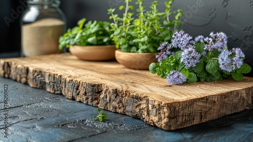  a wooden cutting board topped with plants on top of a wooden table next to a jar of salt and pepper shakers.