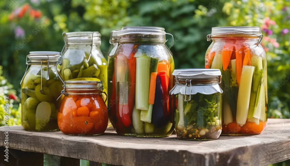 Pickled vegetables in jard in the garden - Generative AI. Pickled vegetables in jard in the garden - Generative AI.