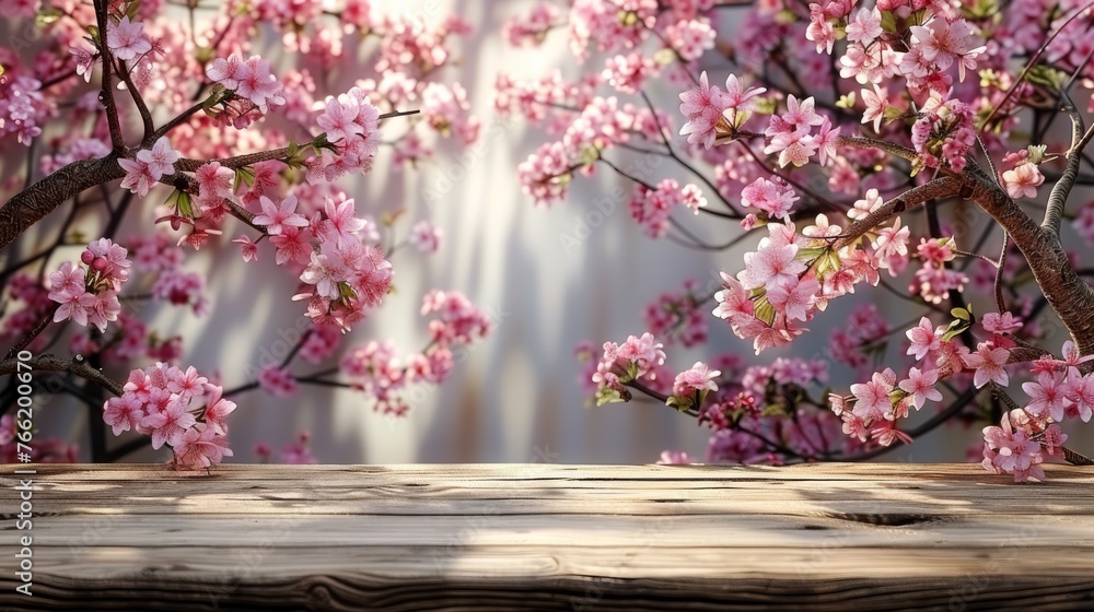 a wooden table topped with pink flowers on top of a wooden surface with a wall in the backround. a wooden table topped with pink flowers on top of a wooden surface with a wall in the backround.
