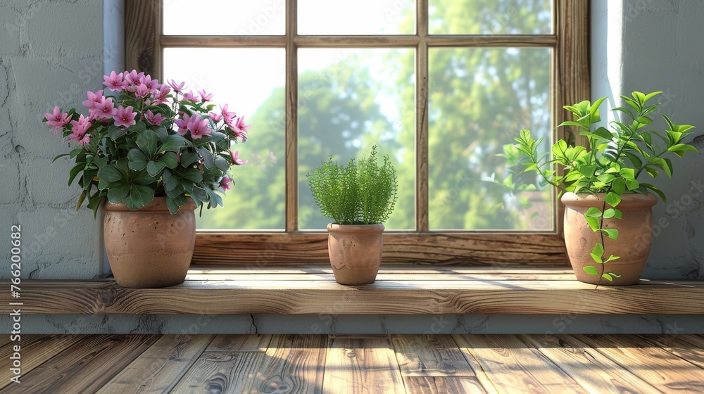 three potted plants sit on a window sill in front of a window with a view of the outside. three potted plants sit on a window sill in front of a window with a view of the outside.