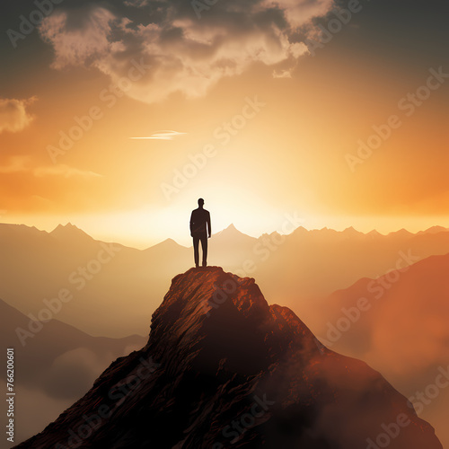 Silhouette of a person standing on a mountaintop.