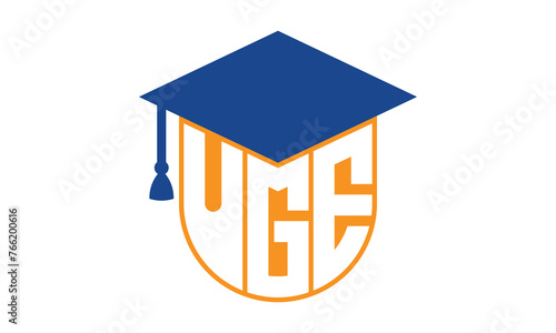 UGE initial letter academic logo design vector template. school college logo, university logo, graduation cap logo, institute logo, educational logo, library logo, teaching logo, book shop, varsity	
 photo