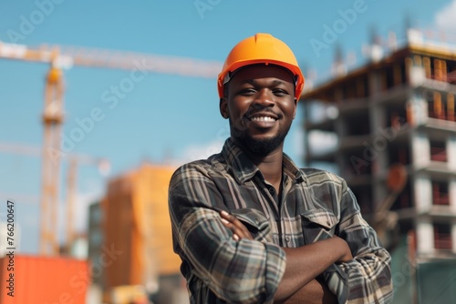 Confident construction worker wearing a hardhat, standing at a building site with crossed arms and a cheerful smile under a sunny sky. Professionalism and success in the construction industry.