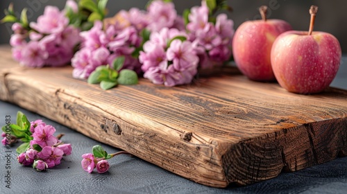  a wooden cutting board topped with pink flowers and an apple next to a couple of apples on top of it.
