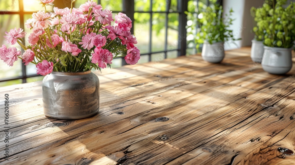  a wooden table topped with pink flowers on top of a wooden table next to a large glass vase filled with pink flowers.