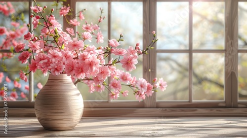  a vase filled with pink flowers sitting on top of a table next to a window with a view of the outside.