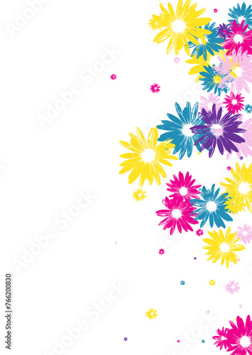 Blue Gerbera Background White Vector. Leaf Small Print. Pink Petal Scribble. Summer Illustration. Holiday Bright Daisy.