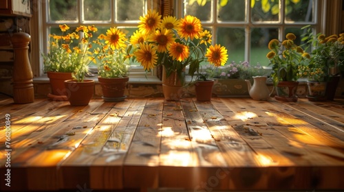  sun shining through a window onto a wooden table with potted sunflowers and other flowers in front of a window.