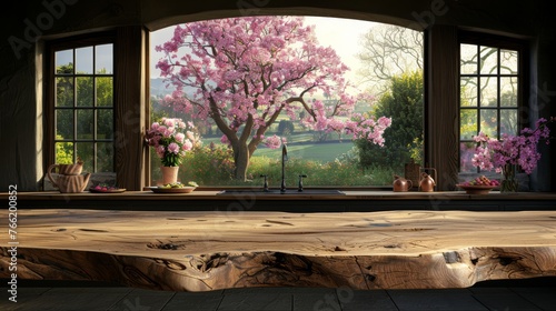  a table in front of a window with a view of a park and a blooming tree outside of the window.