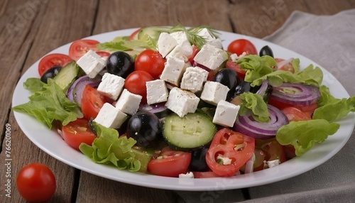 traditional greek salad with feta cheese and mixed organic vegetables on wooden table
