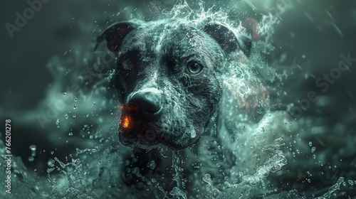  a close up of a dog with water splashing on it's face and a red ball in it's mouth.