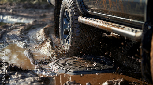 A set of rugged mud flaps, emblazoned with the truck's logo, keeping dirt and debris from splattering onto the body