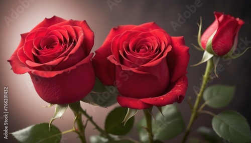 Two Very bright red roses fill the image with love and red beauty. The Focus is on the closer of the roses
