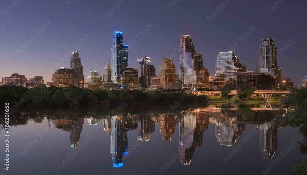 Wide Angle Night Time Austin Skyline Before Sunrise Reflections