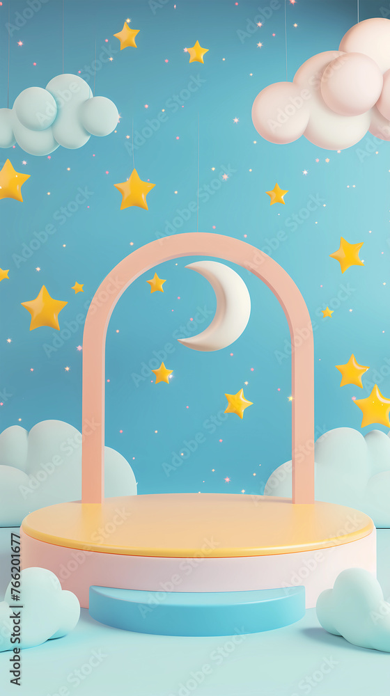 3D rendering podium kid style, colorful background, clouds and weather with empty space for kids or baby product. bright colors 3D rendering podium kid style, colorful background, clouds and weather with empty space for kids or baby product. bright colors