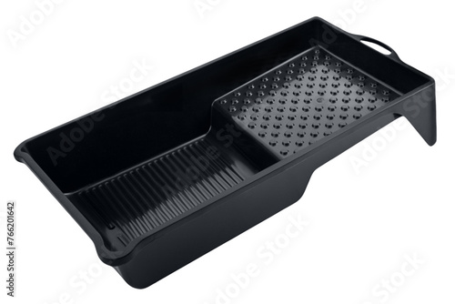 Black plastic painting tray for roller isolated on white background
