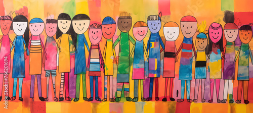 a child's drawing of a group of people with different colours of clothes. Children scribbles. Funny cartoon character