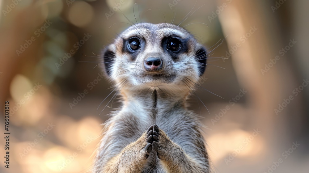 a meerkat standing on its hind legs with its front paws in the air and its eyes wide open. a meerkat standing on its hind legs with its front paws in the air and its eyes wide open.