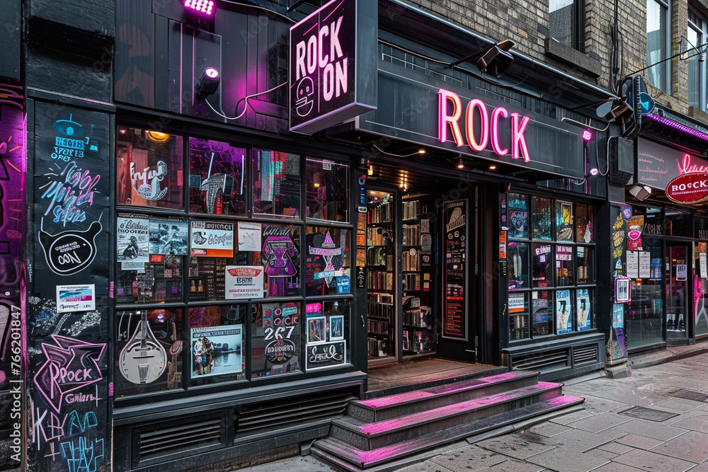 A cool and edgy music store with a black and purple exterior and a sign that says 