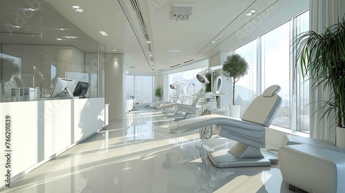 A modern podiatry clinic interior boasting sleek chairs and equipment with abundant natural light creating a welcoming environment. photo