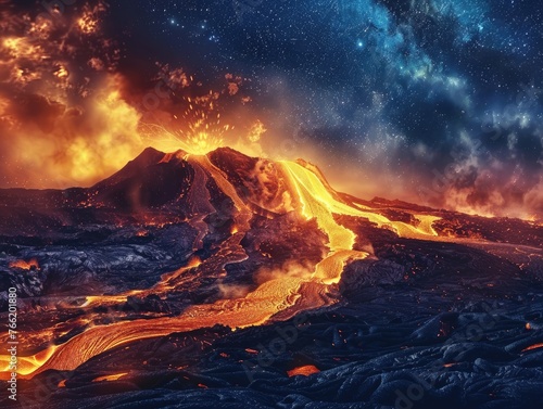 An apocalyptic scene where a volcano violently erupts under a starry night sky, with rivers of molten lava flowing amidst the dark terrain, juxtaposed with the cosmic serenity of the universe.