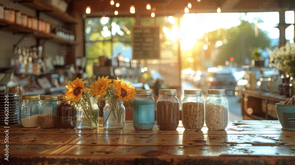  a wooden table topped with mason jars filled with sunflowers and other vases filled with sunflowers. - obrazy, fototapety, plakaty 