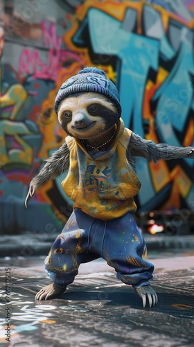 An animated sloth wearing baggy pants and a beanie, performing a hip hop dance in front of a graffiticovered backdrop, showcasing street style , hyper realistic