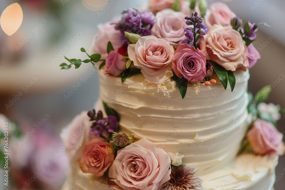 Closeup of white wedding cake with flowers on top. cake on the cake-shelf. white milk cream. cake decorated with pink and purple flowers