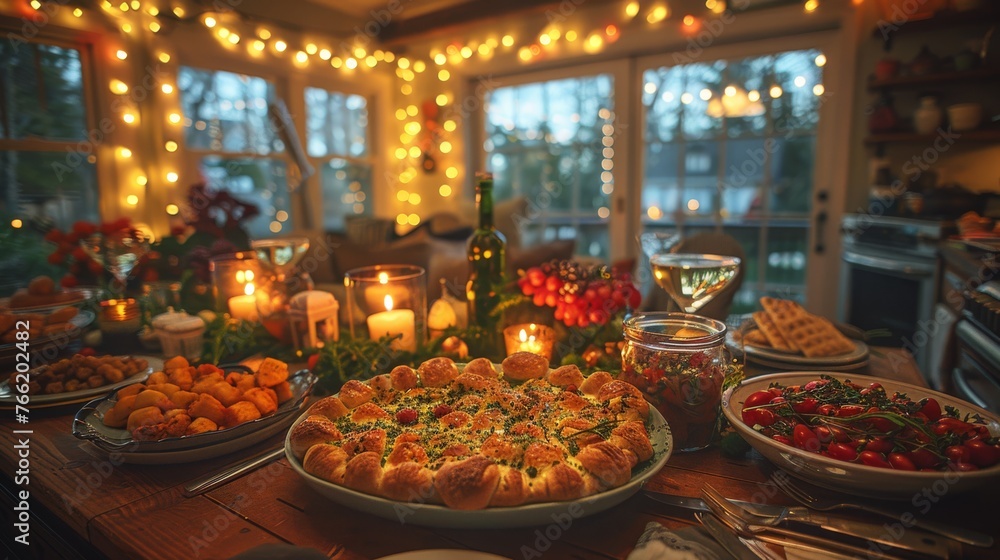  a table topped with lots of food next to a window filled with candles and plates of food on top of a wooden table.