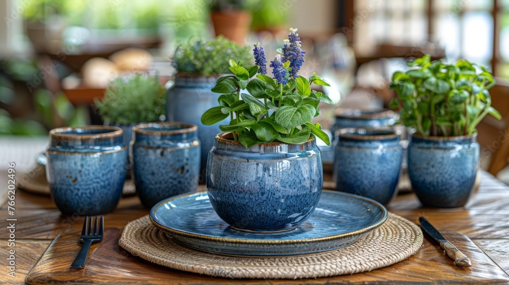  a wooden table topped with blue vases filled with plants and a plate with a knife and fork on top of it.