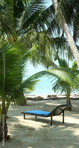 Deck chair under palm trees on a tropical beach. Holiday paradise happy place. Tourism concept rest 
