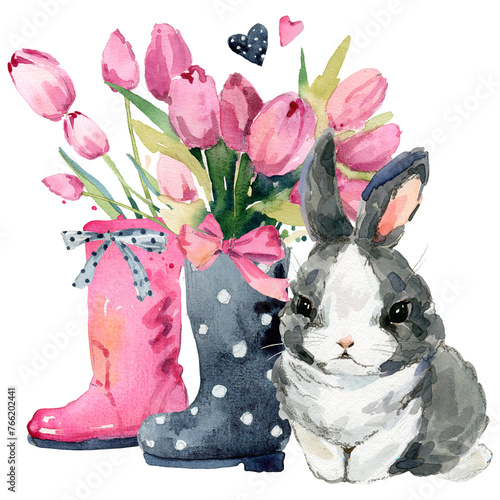 Cute watercolor baby bunny with flowers bouquet (ID: 766202441)